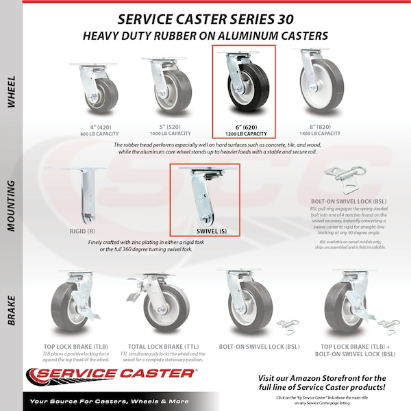 6 Inch Rubber on Aluminum Swivel Caster Set with Ball Bearing 2 Brake SCC